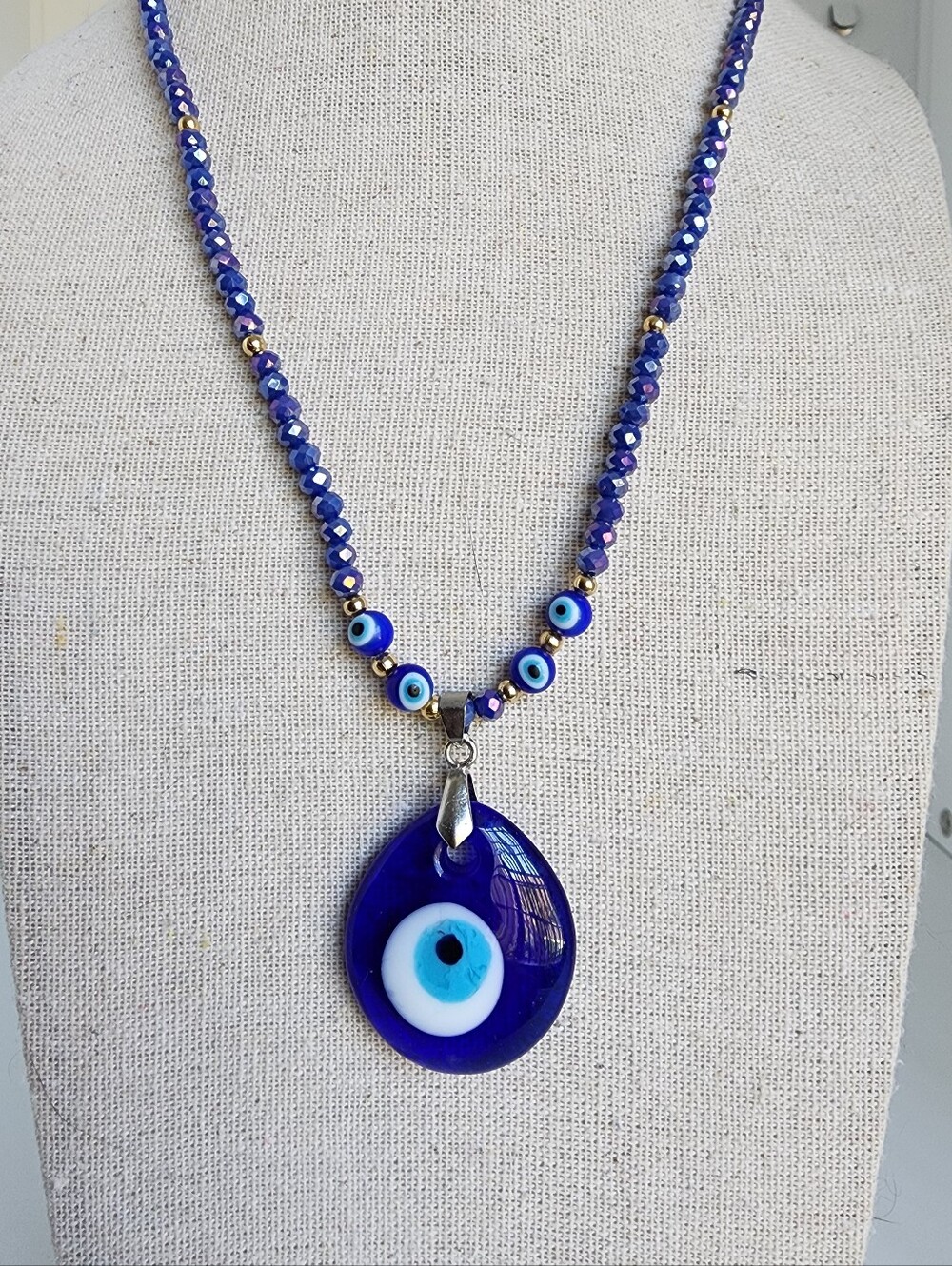 Blue Evil Eye Murano Glass Pendant Necklace Crystal Beaded 18" Protection